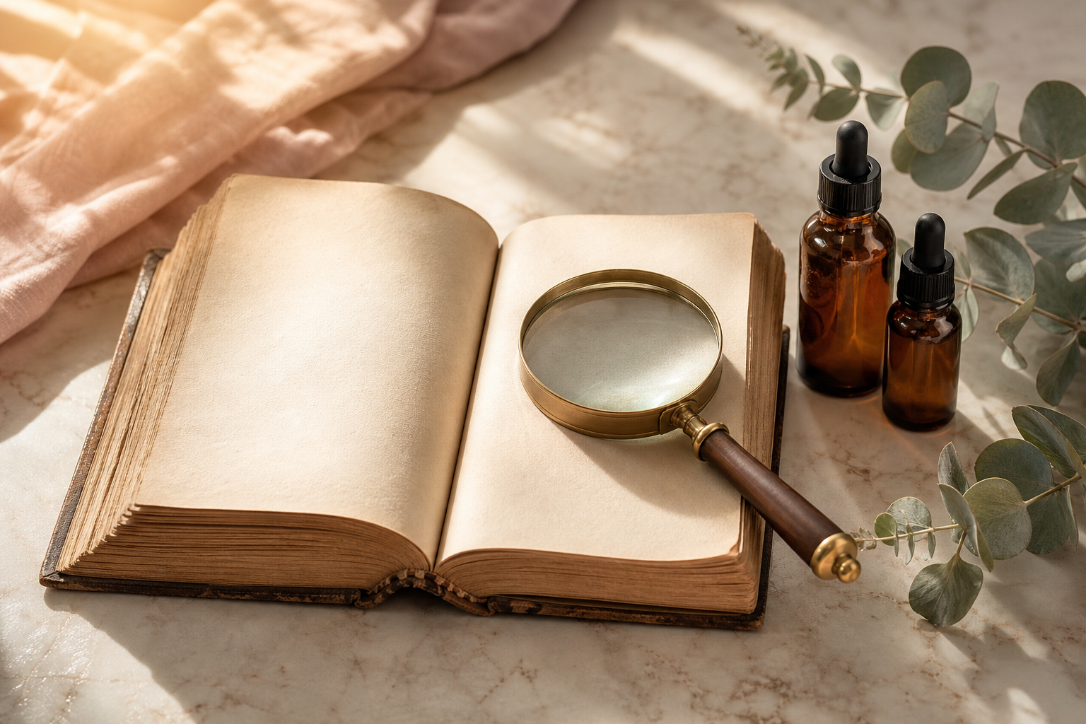 An open book with a magnifying glass beside skincare bottles and eucalyptus