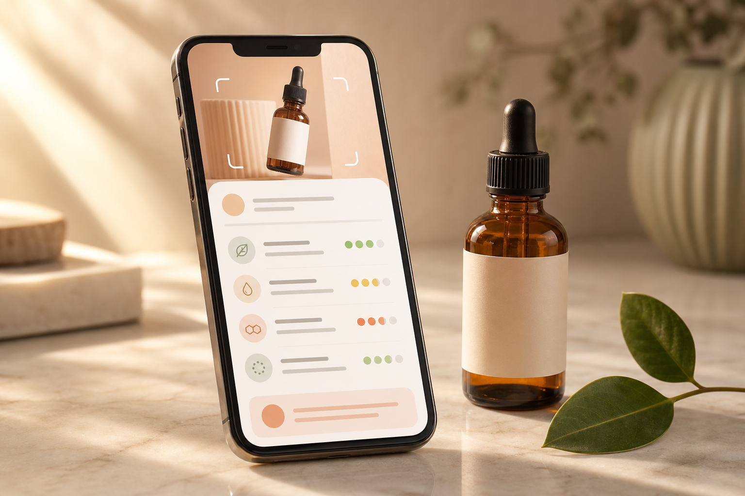 Smartphone scanning a skincare product label, with an analyzed ingredient card visible on screen