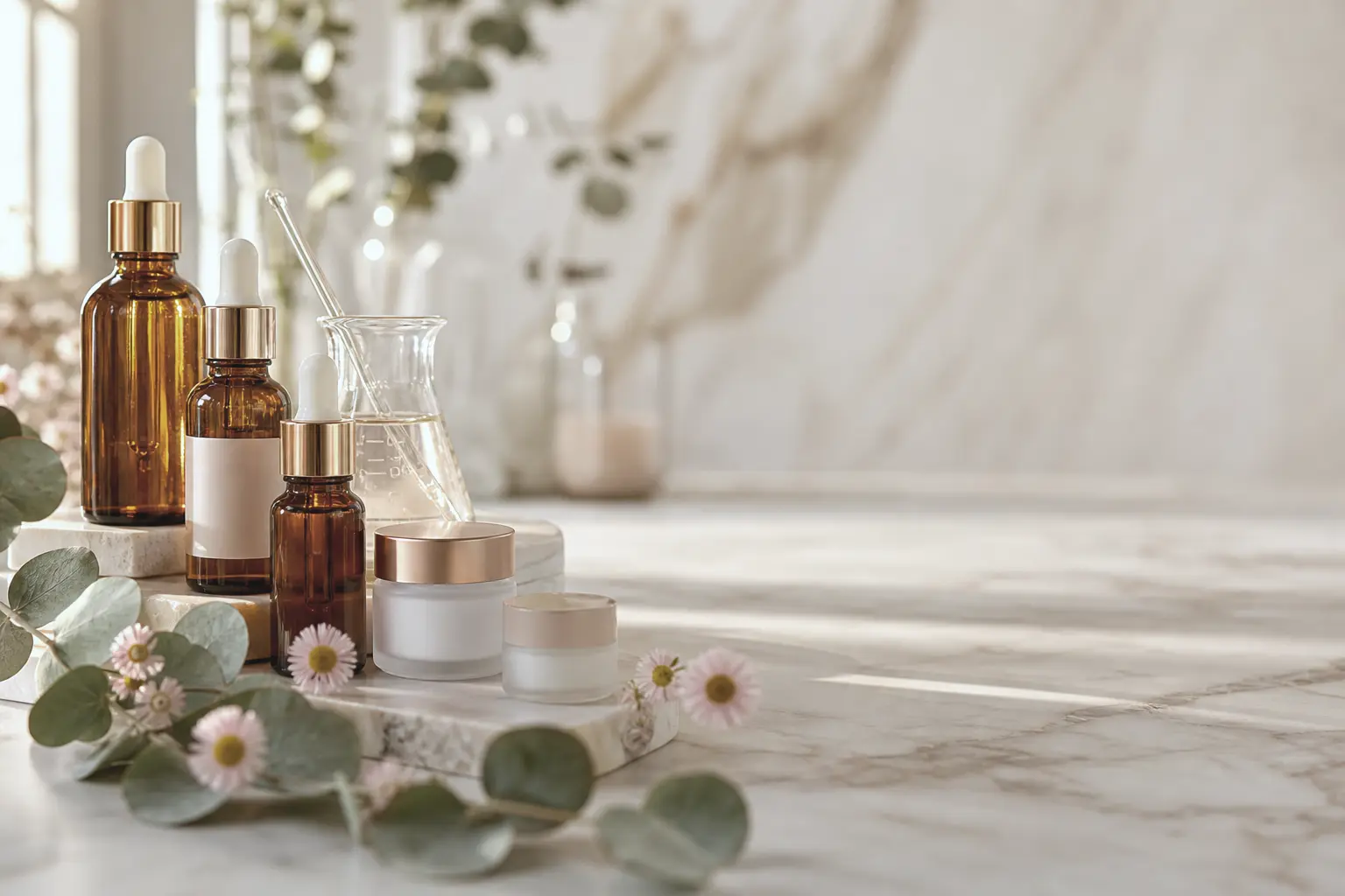 Skincare bottles and a beaker on a marble counter, neutral grade